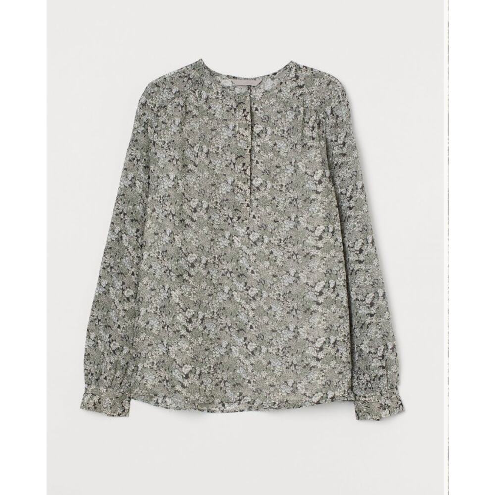 H&M Floral Green Quarter Button Long Sleeve Lined Flowy Blouse Size XS - Picture 10 of 10